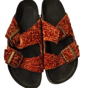 Birkenstock Orange and Black Sandals with Leopard Print